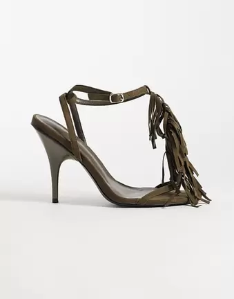 Kaiia exclusive faux suede strappy fringe detail heels in olive