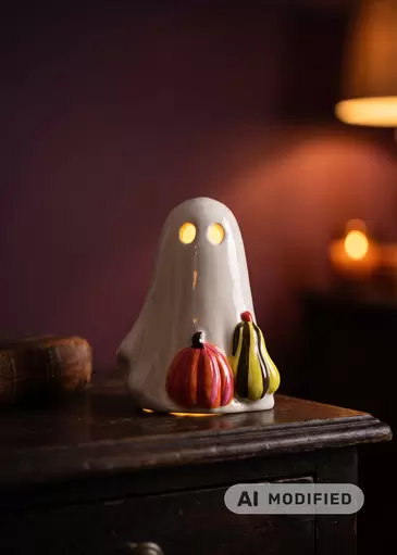 Luminous ghost with pumpkins and LED light