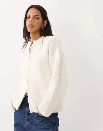 4th & Reckless high neck double zip knitted bomber jacket in cream