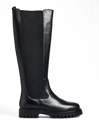 NA-KD Knee high leather elastic boots in black