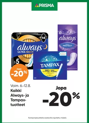 Prisma -luettelo, Sastamala | TOK Prisma ketjukampanja 6.-12.8. tampax | 2025-08-06T00:00:00.000Z - 2025-08-12T00:00:00.000Z
