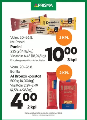 Prisma -luettelo, Vantaa | TOK Prisma panini pasta 20.-26.8. | 2025-08-20T00:00:00.000Z - 2025-08-26T00:00:00.000Z
