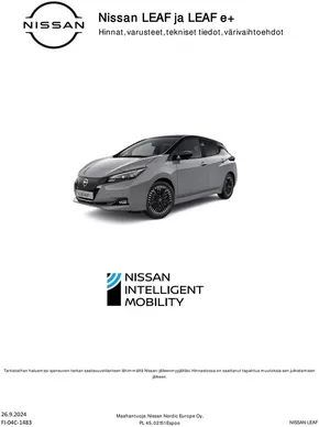 Nissan -luettelo, Espoo | Nissan LEAF | 2024-09-27T00:00:00.000Z - 2025-09-27T00:00:00.000Z