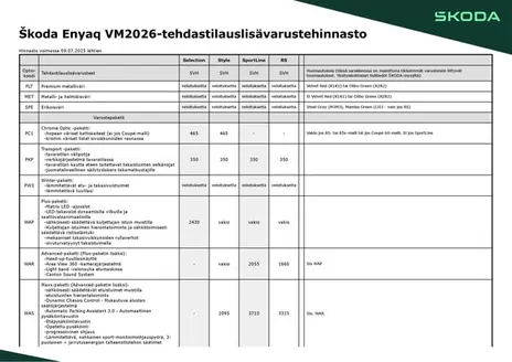 Škoda -luettelo, Kokkola | Enyaq lisävarustehinnasto | 2026-09-04T00:00:00.000Z - 2026-09-18T00:00:00.000Z