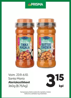 Prisma -luettelo, Joensuu | TOK Prisma Santa Maria Ateriakastikkeet 23.9.-6.10. | 2026-09-23T00:00:00.000Z - 2026-10-06T00:00:00.000Z