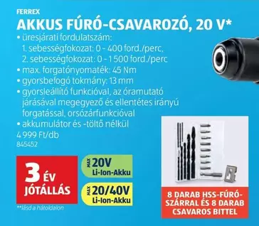 AKKUS FÚRÓ-CSAVAROZÓ, 20 V*