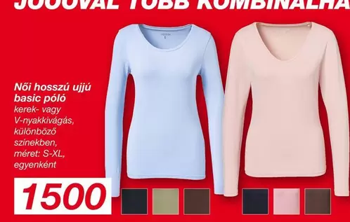 Női hosszú ujjú basic póló kerek- vagy V-nyakkivágás