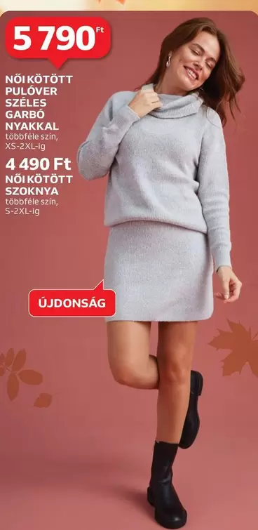 NOI KÖTÖTT PULOVER SZÉLES GARBO NYAKKAL, NOI KÖTÖTT SZOKNYA