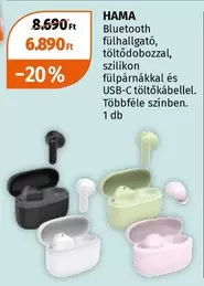 Bluetooth fülhallgató, töltődobozzal, szilikon fülpárnákkal és USB-C töltőkábellel. Többféle színben.