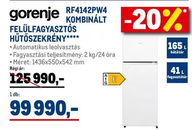 Gorenje - RF4142PW4 KOMBINÁLT FELÜLFAGYASZTÓS HŰTŐSZEKRÉNY