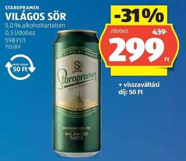 VILÁGOS SÖR 5,0 % alkoholtartalom 0,5 l/doboz 598 Ft/l 755288