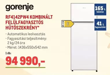 Gorenje - RF4142PW4 Kombinált felülfagyasztós hűtőszekrény