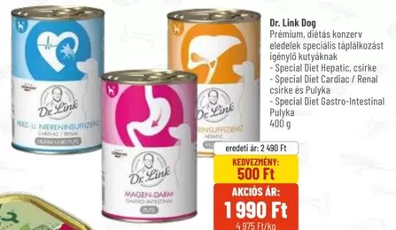 Dr. Link Dog Prémium, diétás konzerv eledelek speciális táplálkozást igénylő kutyáknak
