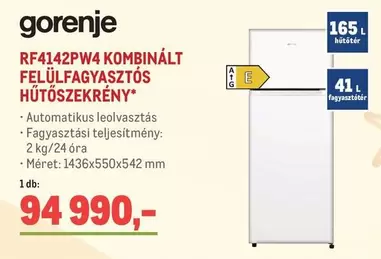 Gorenje - RF4142PW4 KOMBInÁLT FELÜLFAGYASZTÓS HŰTŐSZekréNY