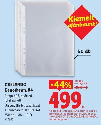 Volt - Genotherm, A4, Strapabíró, átlátszó, felül nyitott Univerzális lyukazással és lyukperem-erősítéssel /50 db; 1 db = 10 Ft 517503