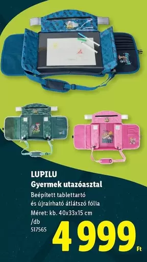 Gyermek utazóasztal beépített tablettartóval és újrajárható fóliával