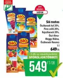 Sió rostos Őszibarack ital 20%, Piros szőlő 20%, Kajszibarack 20%, Őszi-Alma-Meggy-Málna, Őszibarack-Narancs