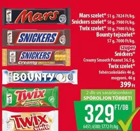 Mars szelet, Snickers szelet, Twix szelet, Bounty tejcsokoládé