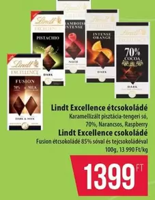 Lindt Excellence étcsokoládé, Karammellizált pisztácia-tengeri só, 70%, Narancs, Raspberry, Fusion étcsokoládé 85% sóval és tejcsokoládéval