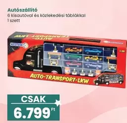 Autószállító 6 kisautóval és közlekedési táblákkal