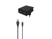 Swissten hálózati gyorstöltő adapter, Smart IC, 2 USB port, 3A, fekete + Type-C kábel (22044000)