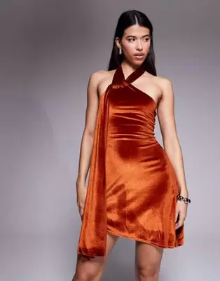 ASOS DESIGN velvet halterneck skater mini dress in rust