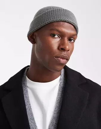 ASOS DESIGN knitted rib mini fisherman beanie in grey