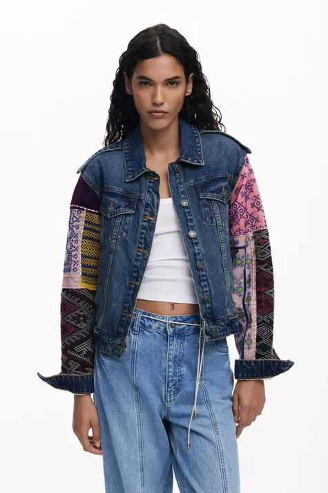 Denim jacket with combined sleeves