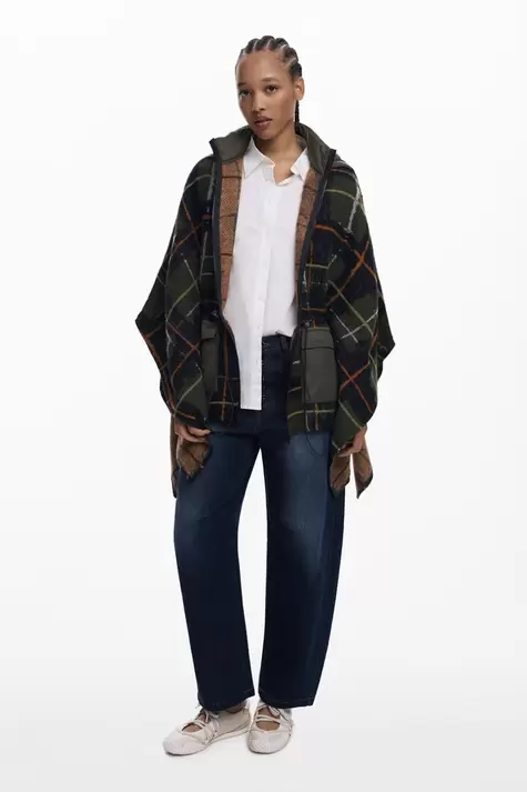 Checkered poncho with padded hood