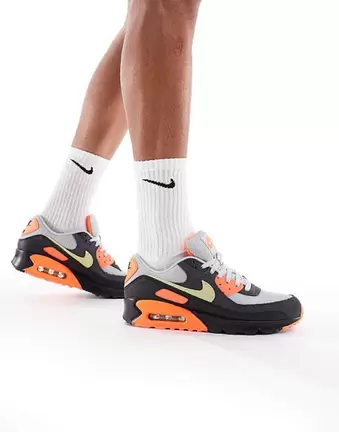 Nike Air Max 90 trainers in grey, black and orange