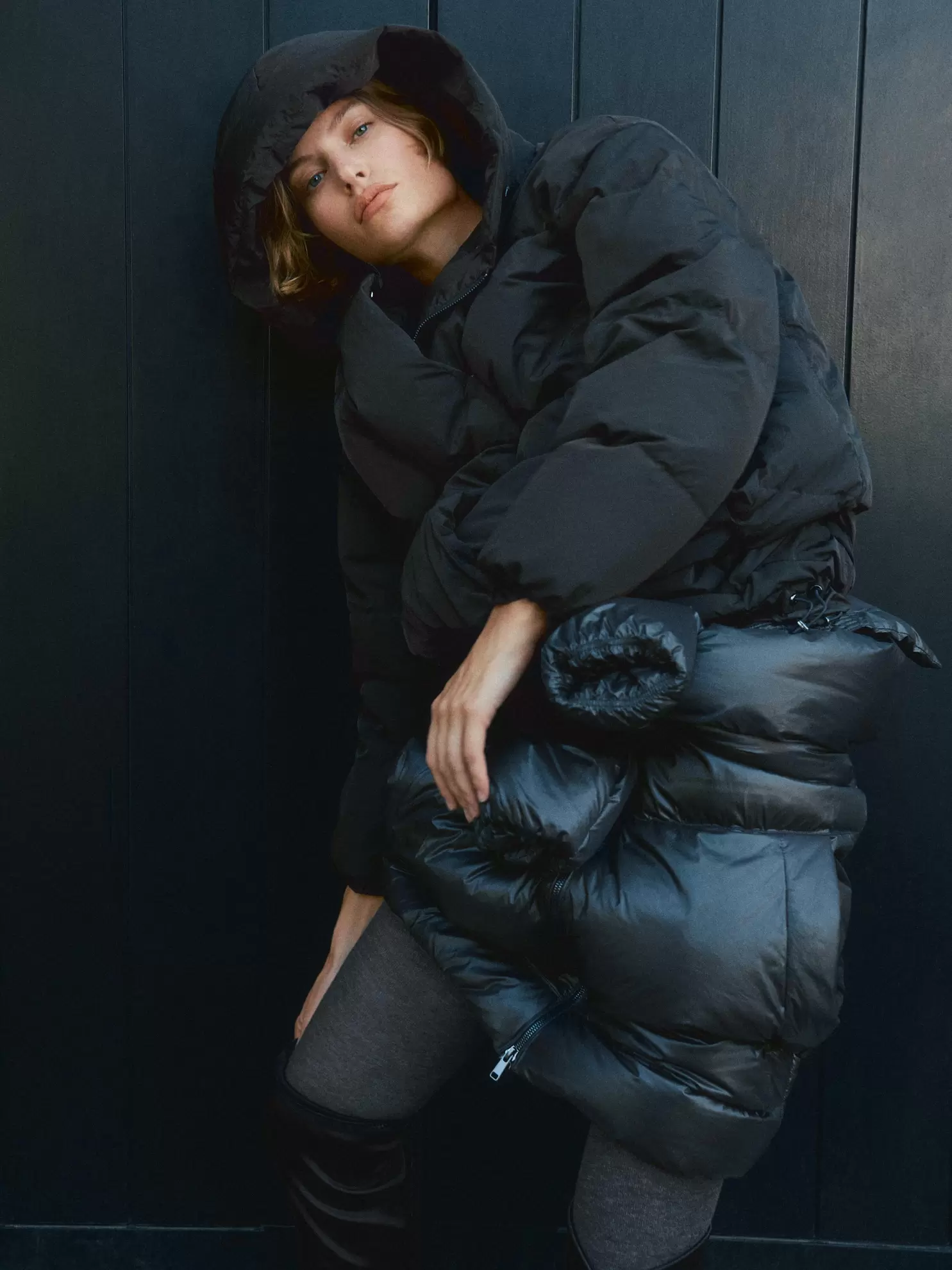 Technical down jacket with faux fur hood