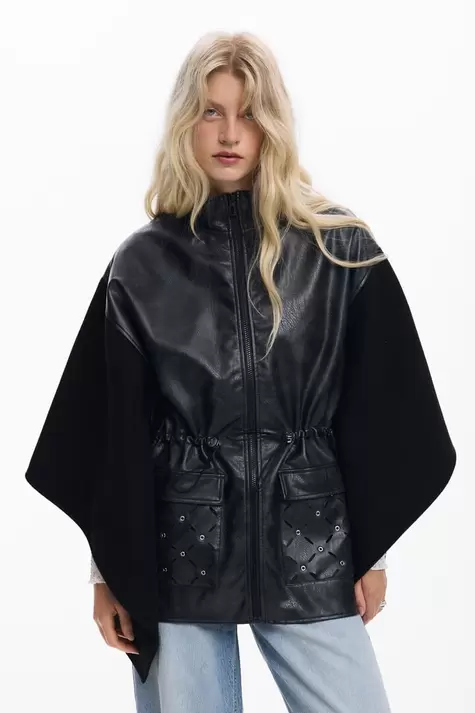 Combined faux leather poncho