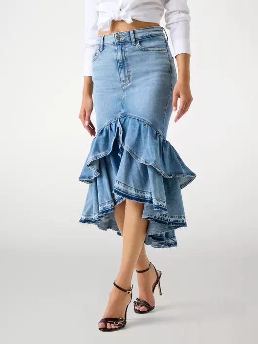 Ruffled midi denim skirt