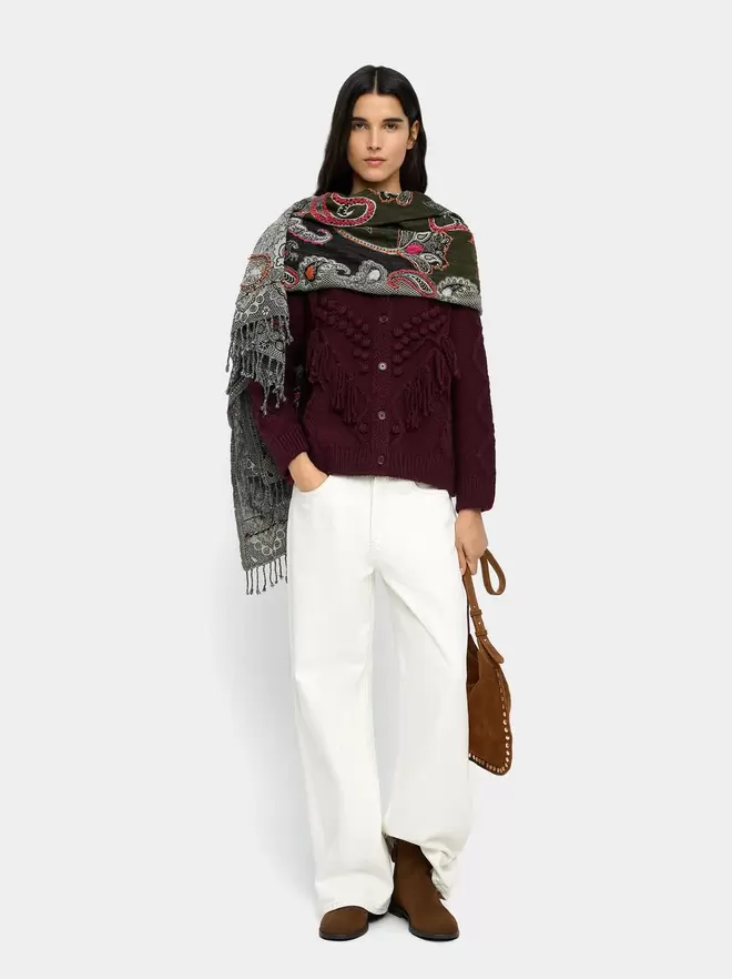 Knit cardigan with fringes and raised details