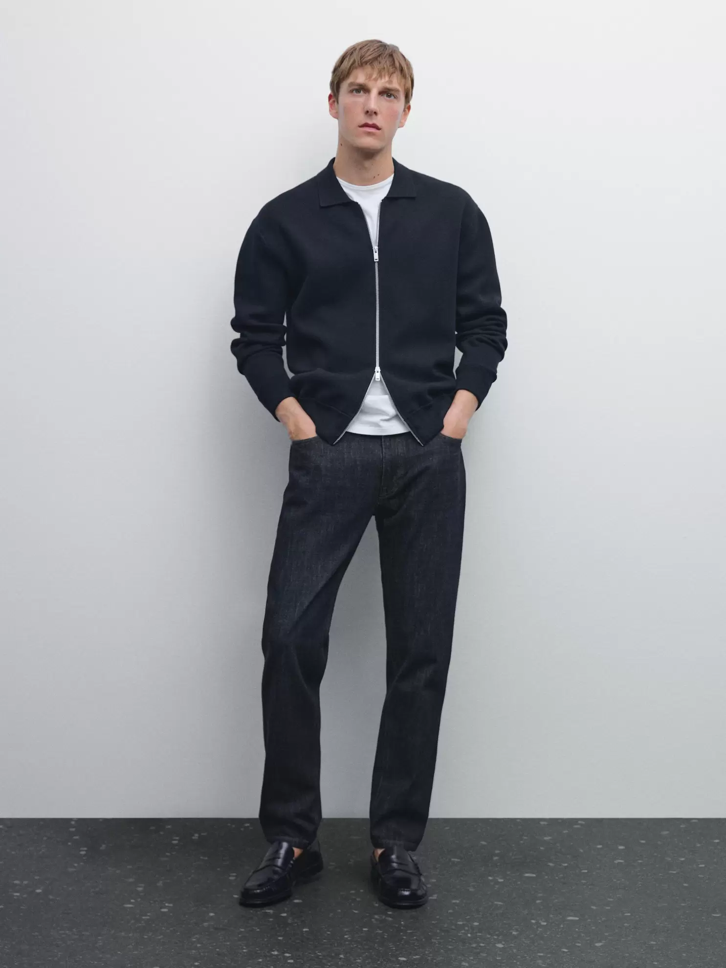 Cotton blend zip-up knit cardigan