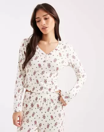 Miss Selfridge teddy bear print mix and match pyjama henley top