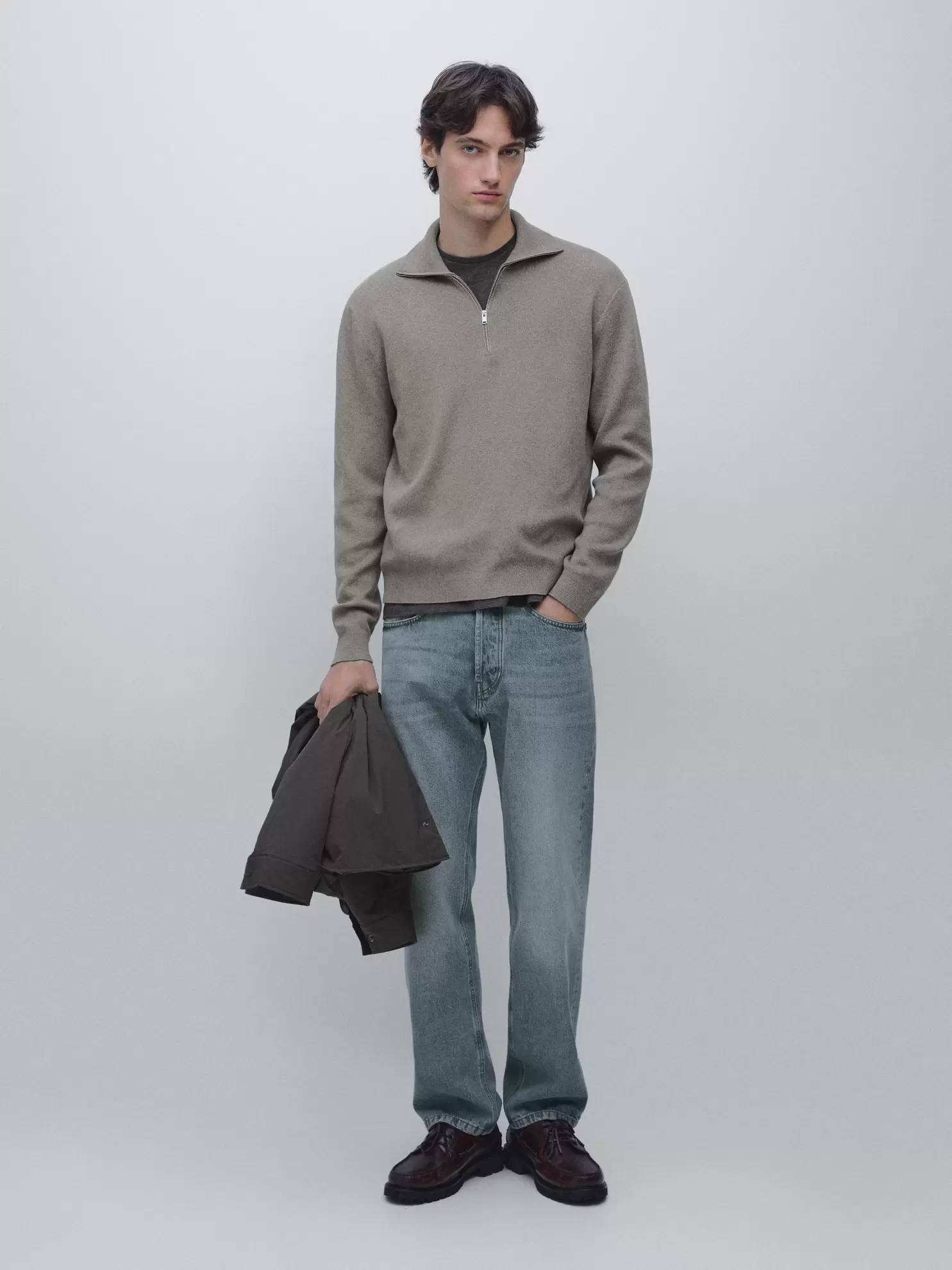 Cotton mock neck zip-up knit jumper