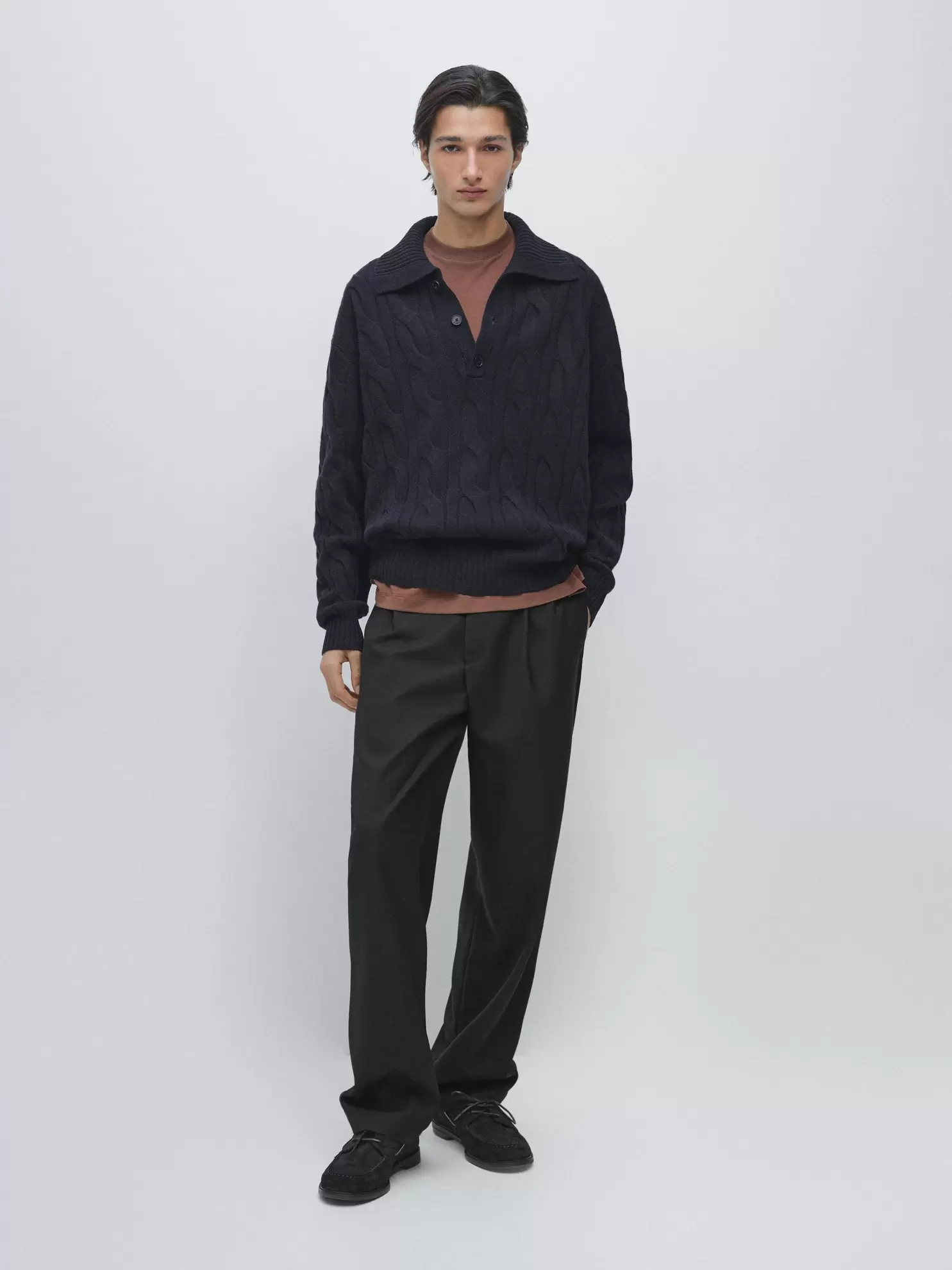 Wool cable-knit polo sweater