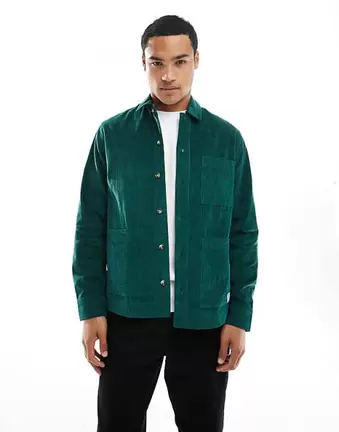 ASOS DESIGN cord overshirt with badge in dark green