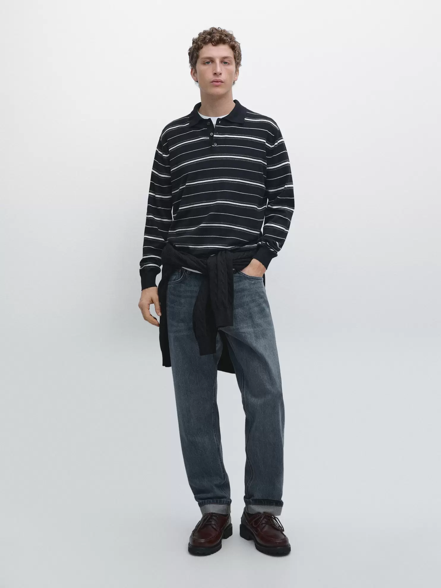 Cotton blend striped knit polo sweater