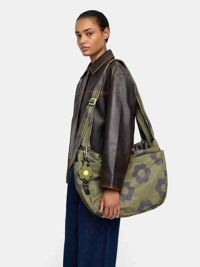 Large floral-printed nylon shoulder bag