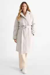 Coat with hood and belt - lined - water-repellent
