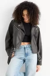 Biker jacket with belt - faux leather
