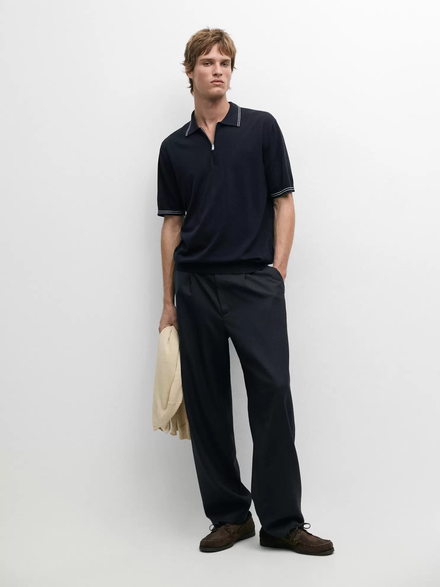 Knit polo sweater with collar detail