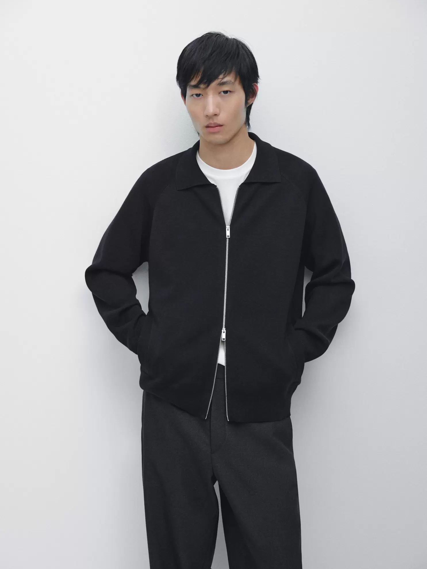 Cotton blend zip-up knit cardigan