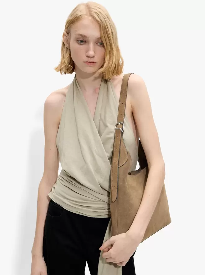 Leather shoulder bag with buckle