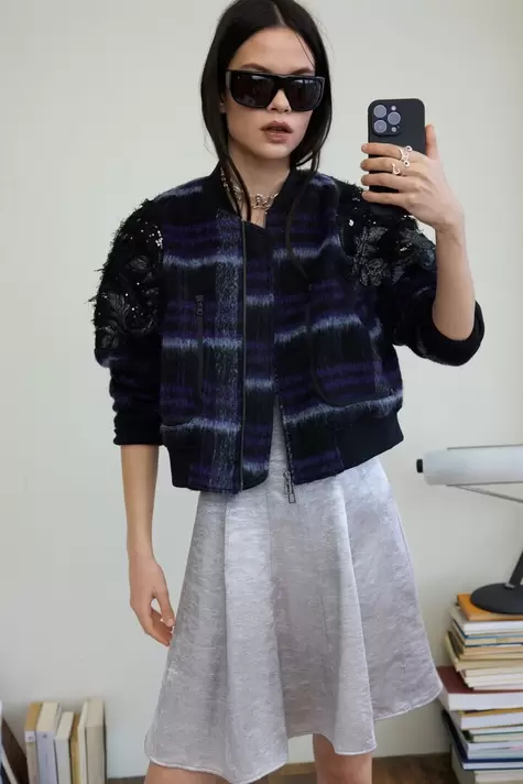 Embroidered checked bomber