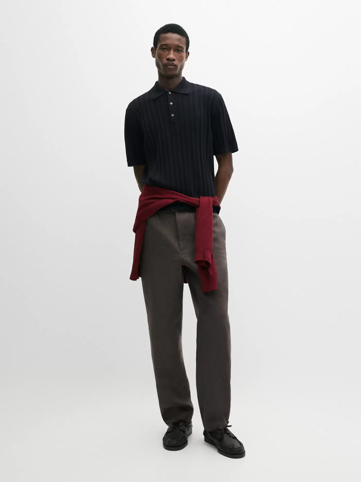 Cotton blend cable-knit polo sweater