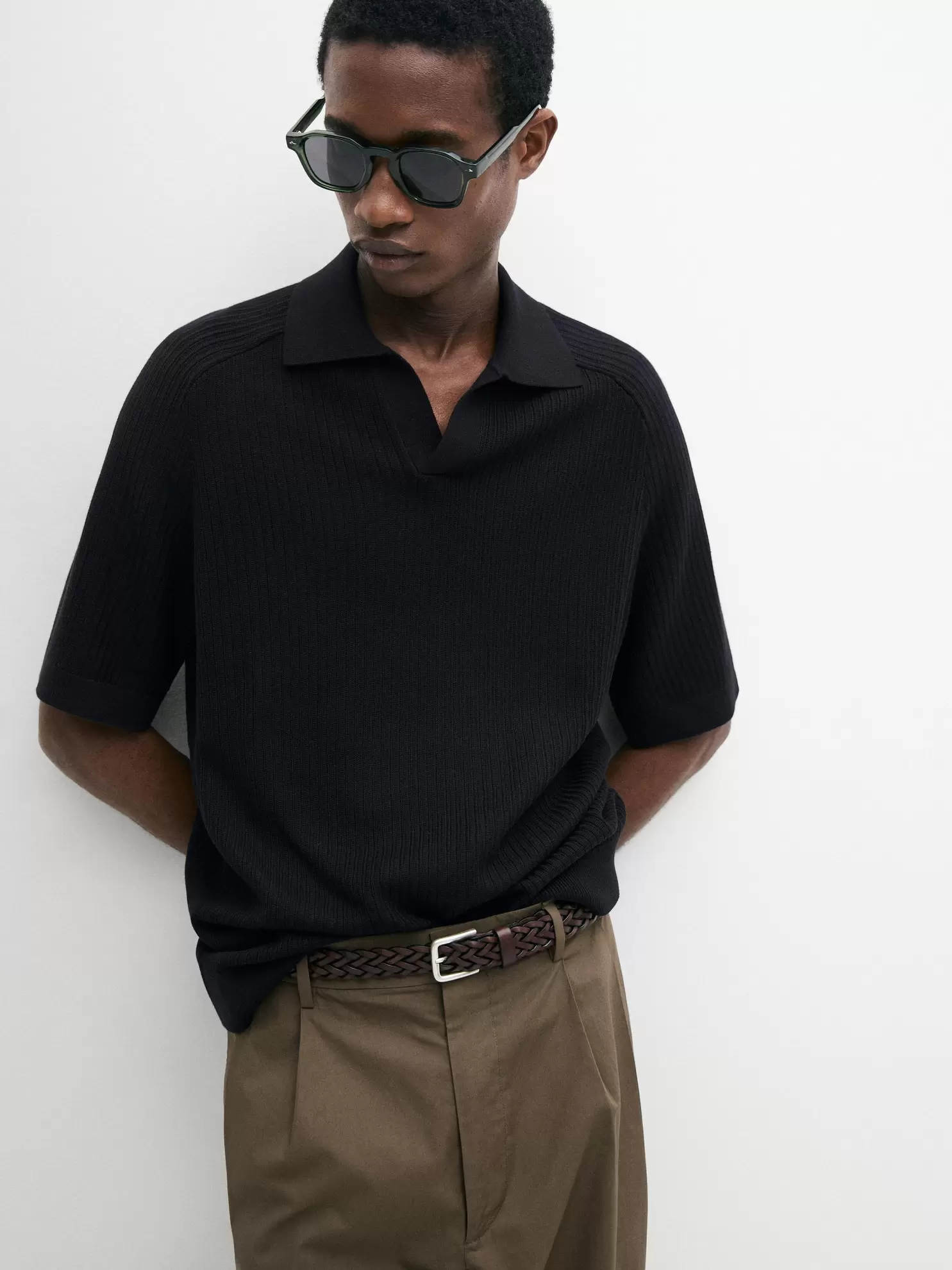 Ribbed knit cotton polo sweater