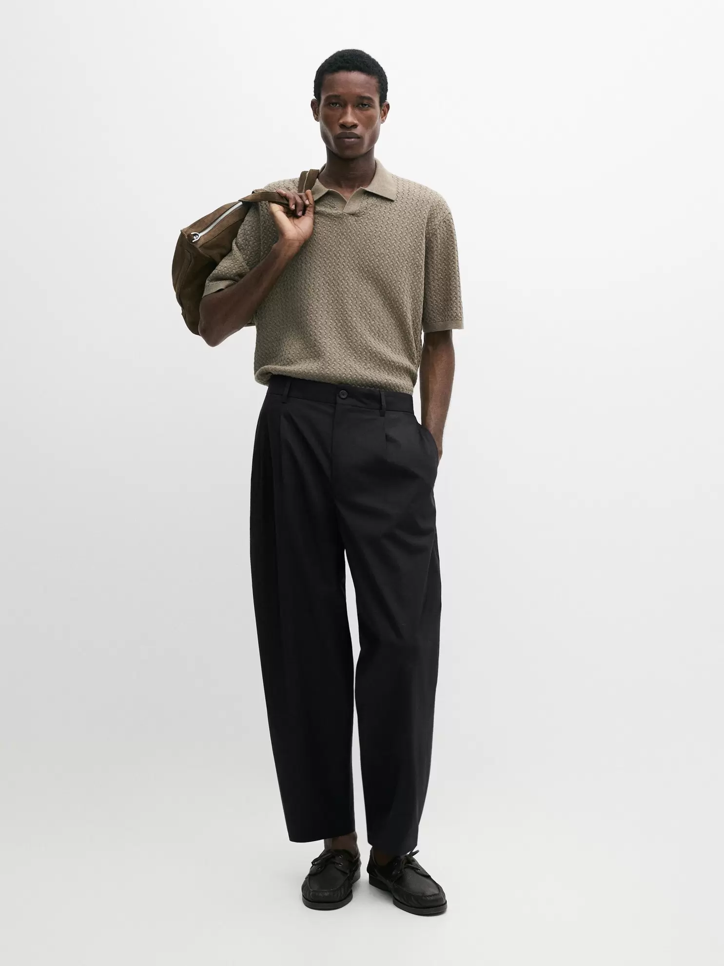 Cable-knit V-neck polo shirt